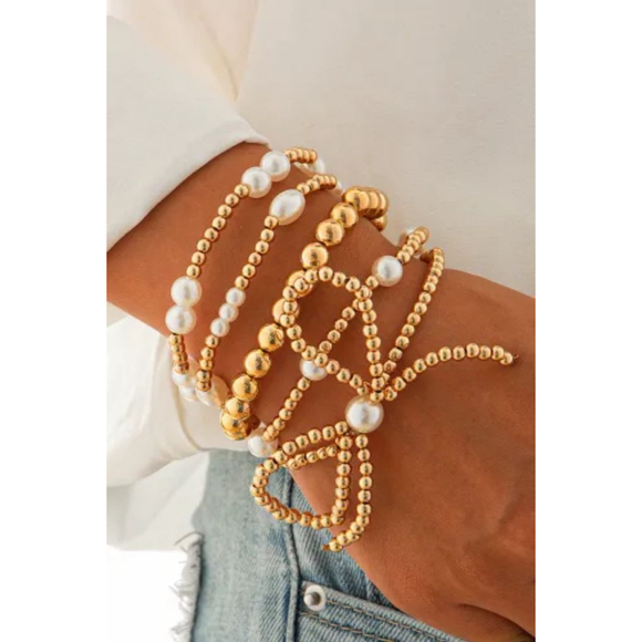 Women's Gold and White Pearl Beaded Bracelet Set, One Size - Picture 4 of 9